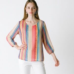 Stetson Multicolor Striped Semi-Sheer Blouse•Size L LTOP067
